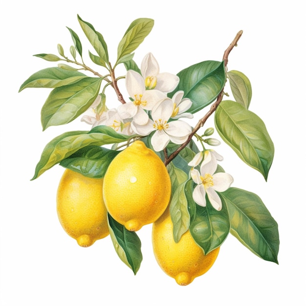 There is a painting of lemons and flowers on a branch generative ai