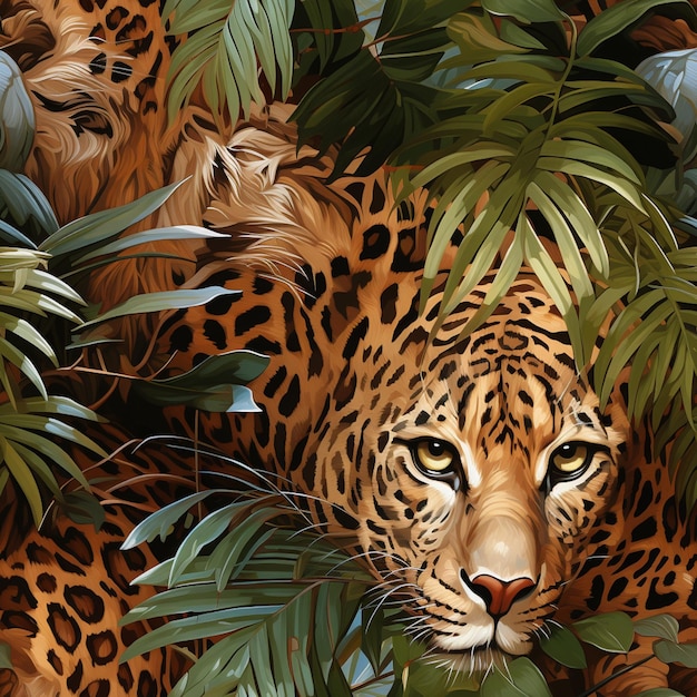 there is a painting of a leopard surrounded by plants and leaves generative ai