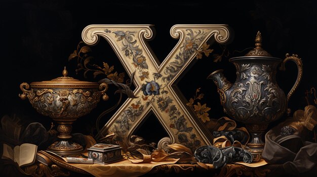 Foto c'è un dipinto di una lettera x con un vaso e altri oggetti generativi ai