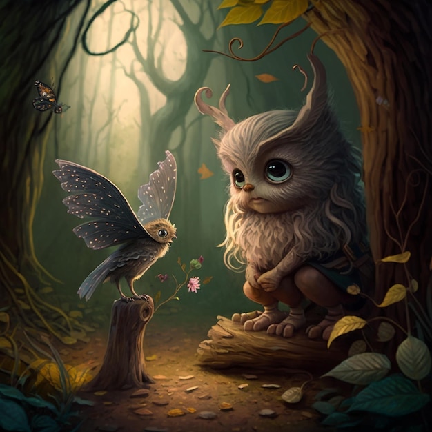 There is a painting of a little owl and a fairy sitting on a stump generative ai