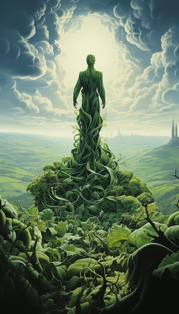 На картине изображен человек, стоящий на холме с деревом.