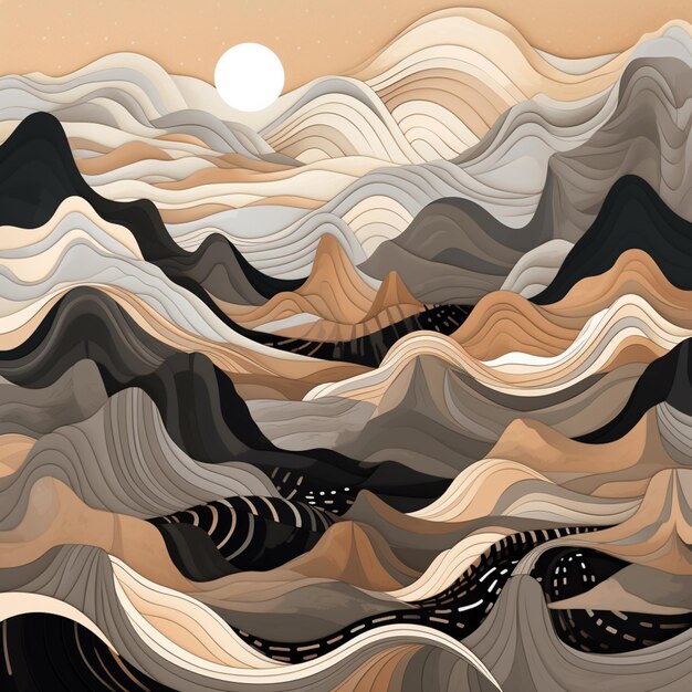 There is a painting of a mountain range with a sun in the background generative ai