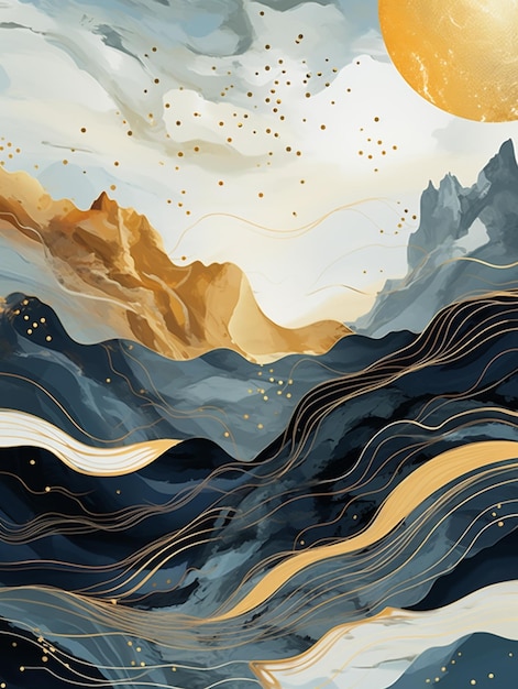 There is a painting of a mountain range with a sun in the sky generative ai