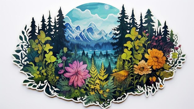 there is a painting of a mountain scene with flowers and trees generative ai