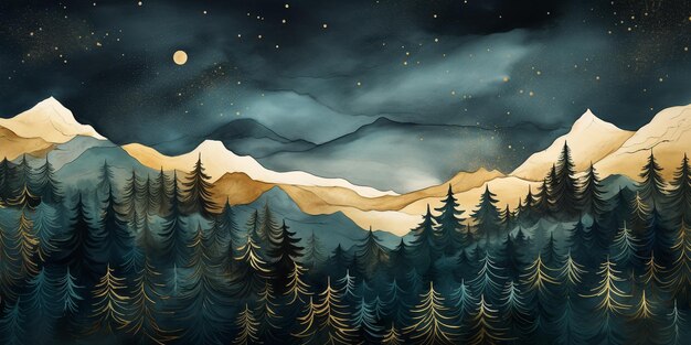 there is a painting of a mountain scene with a full moon generative ai