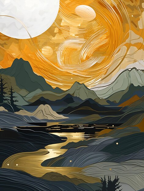 There is a painting of a mountain scene with a lake generative ai