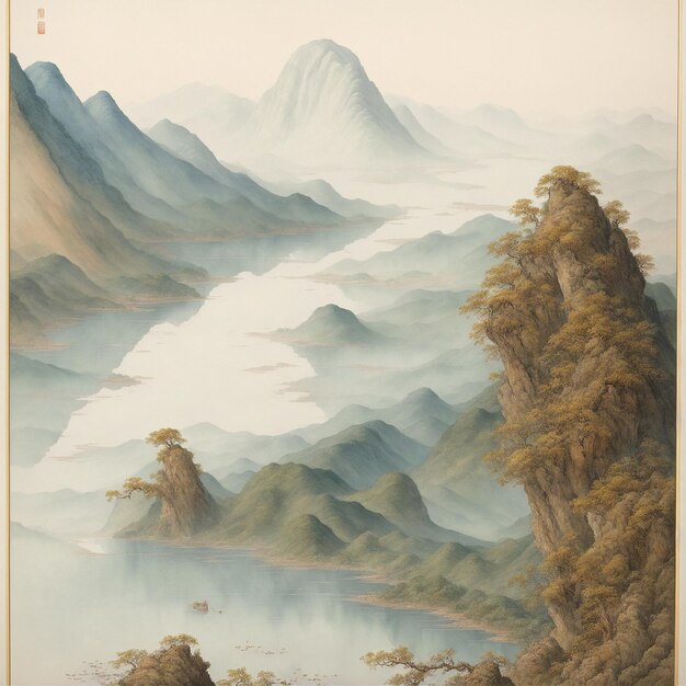 there is a painting of a mountain scene with a lake