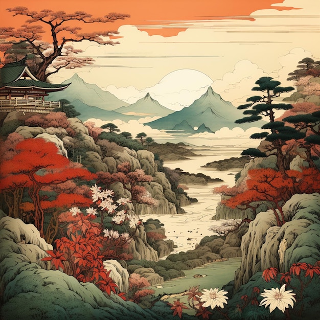 there is a painting of a mountain scene with a pagoda in the distance generative ai
