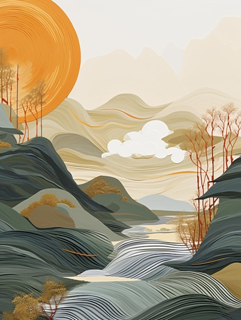 There is a painting of a mountain scene with a river generative ai