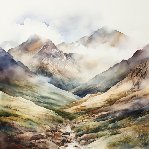 there is a painting of a mountain scene with a stream generative ai