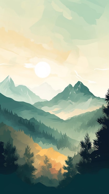 There is a painting of a mountain scene with a sun setting generative ai