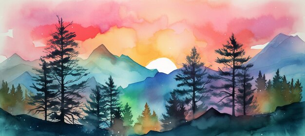 There is a painting of a mountain scene with trees and a sunset generative ai