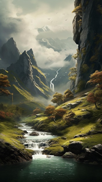계곡의 한가운데에 산의 하천을 그린 그림이 있습니다.