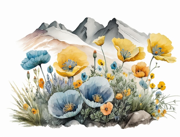 there is a painting of a mountain with flowers and rocks generative ai