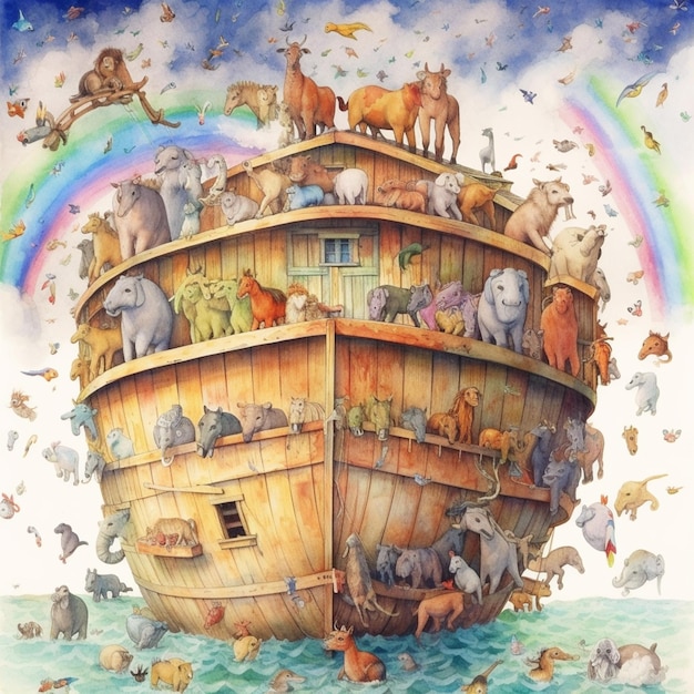 Premium AI Image | There is a painting of a noah ark with animals on it ...