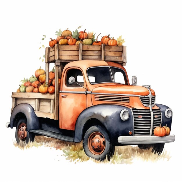 There is a painting of an old truck with pumpkins on the back generative ai