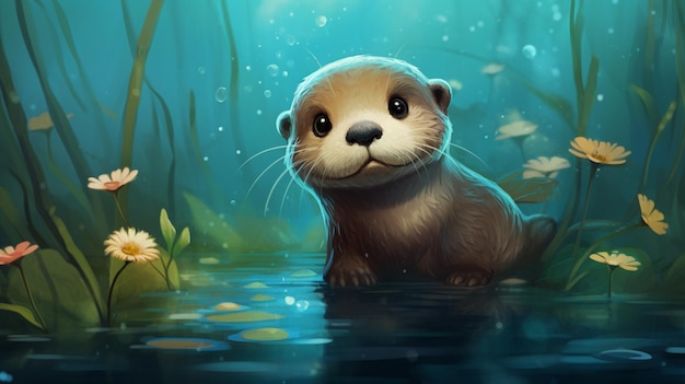 there is a painting of a otter in the water with flowers generative ai