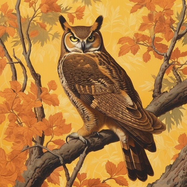 There is a painting of an owl sitting on a branch generative ai