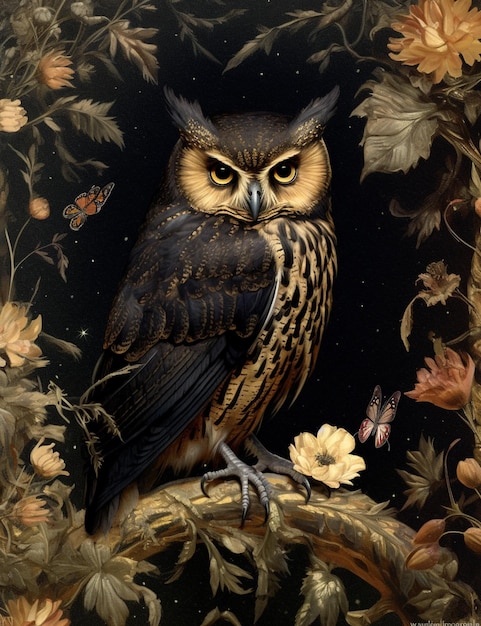 There is a painting of an owl sitting on a branch generative ai