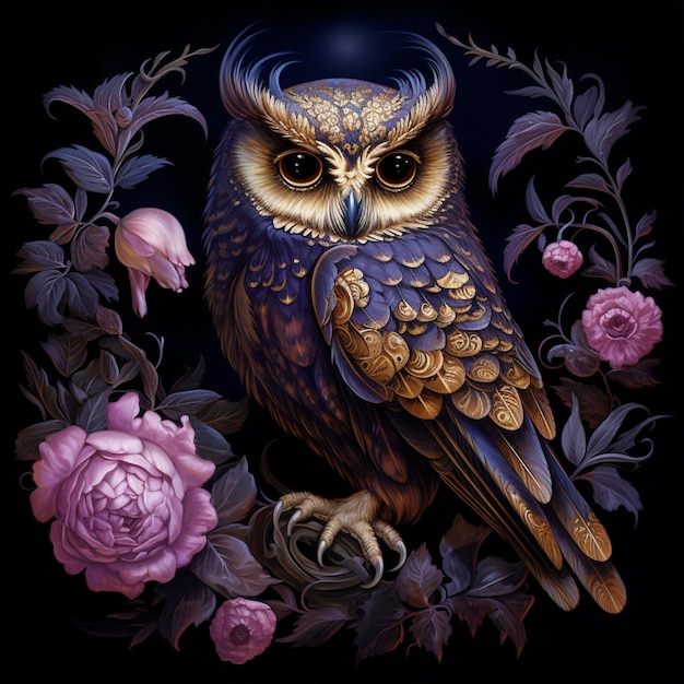 there is a painting of an owl sitting on a branch with flowers generative ai