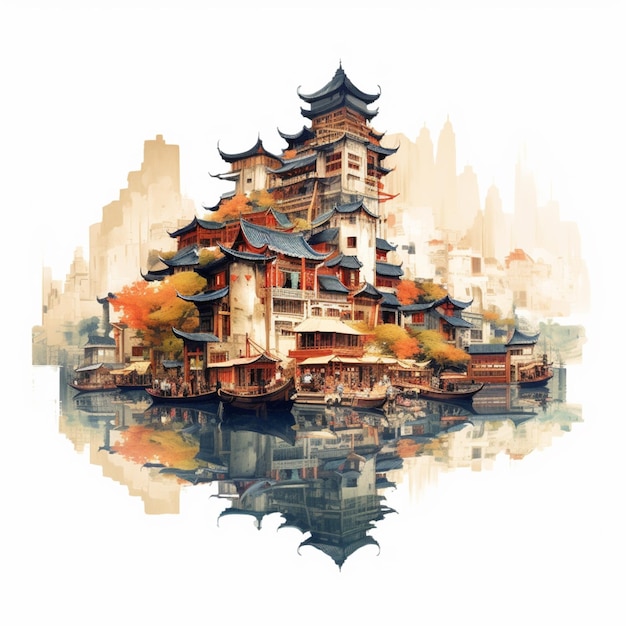 There is a painting of a pagoda on a body of water generative ai