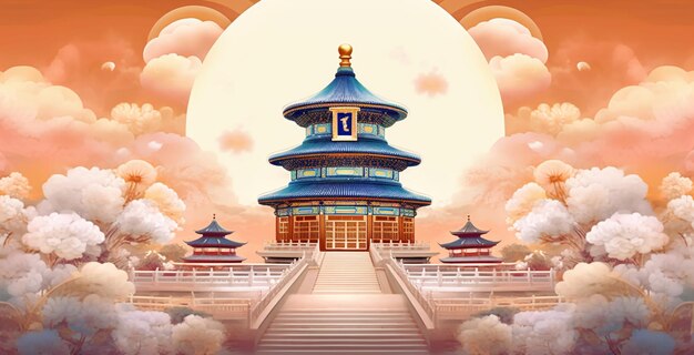 Photo there is a painting of a pagoda in the middle of a field generative ai