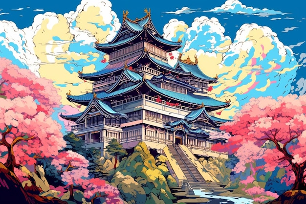 There is a painting of a pagoda in the middle of a forest generative ai