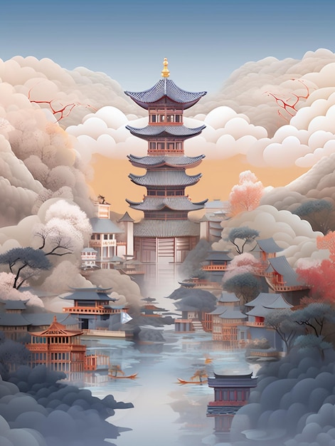 There is a painting of a pagoda in the middle of a lake generative ai