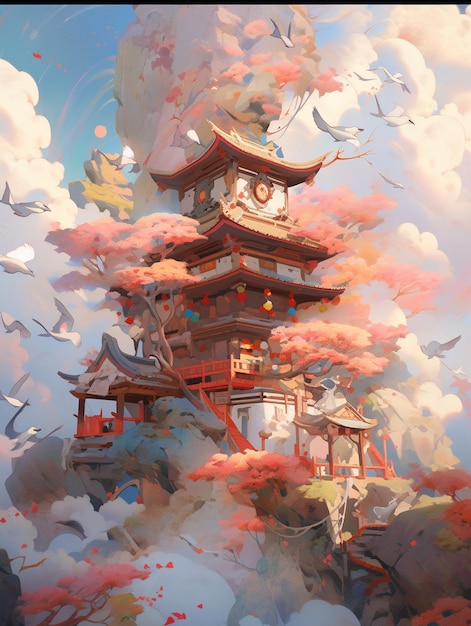 there is a painting of a pagoda in the middle of a mountain generative ai