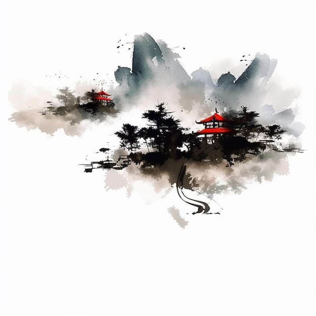 There is a painting of a pagoda and a mountain in the background generative ai