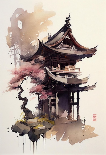 there is a painting of a pagoda with a tree in the foreground generative ai