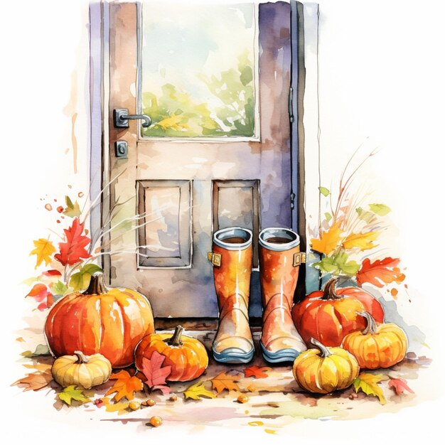 There is a painting of a pair of boots and pumpkins generative ai