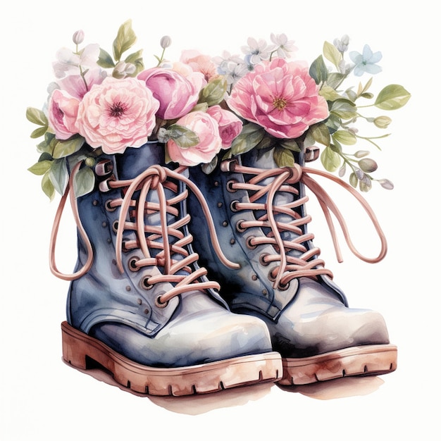there is a painting of a pair of boots with flowers on them generative ai