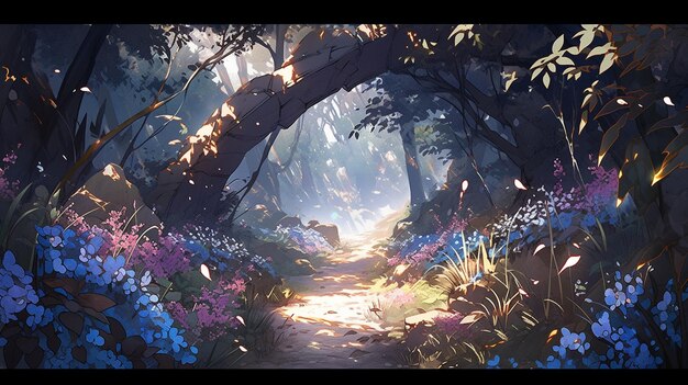 anime scenery of a forest with a path and flowers. generative ai