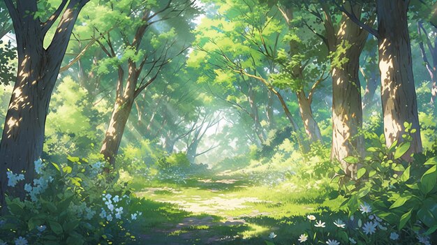 anime scenery of a forest with a path and flowers. generative ai