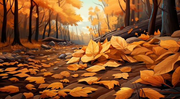 There is a painting of a path in the woods with leaves on the ground generative ai