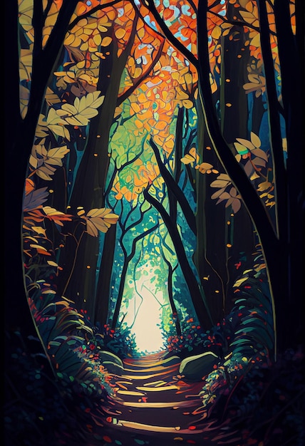 Foto c'è un dipinto di un sentiero nel bosco con foglie sopra che generano ai