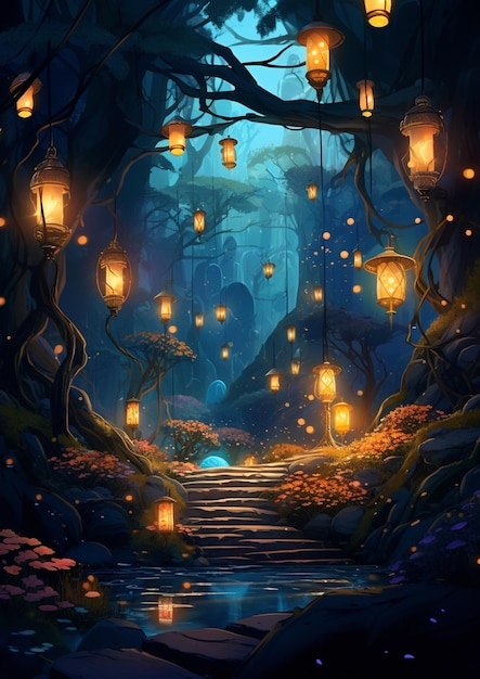 There is a painting of a pathway in a forest with lanterns generative ai