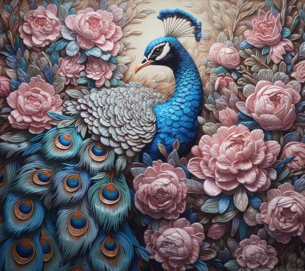 There is a painting of a peacock and a bird in a flowery field generative ai