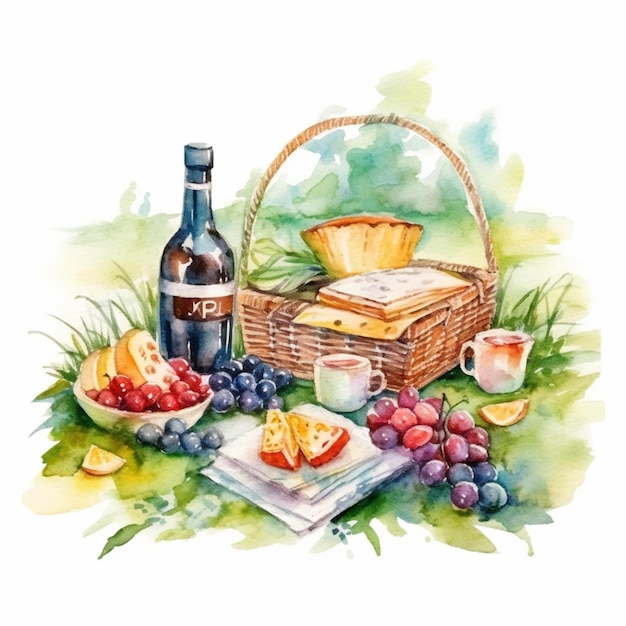 There is a painting of a picnic basket with a bottle of wine and fruit generative ai