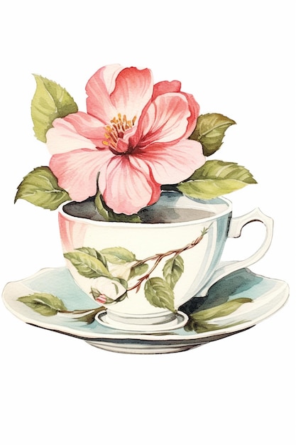 there is a painting of a pink flower in a tea cup generative ai