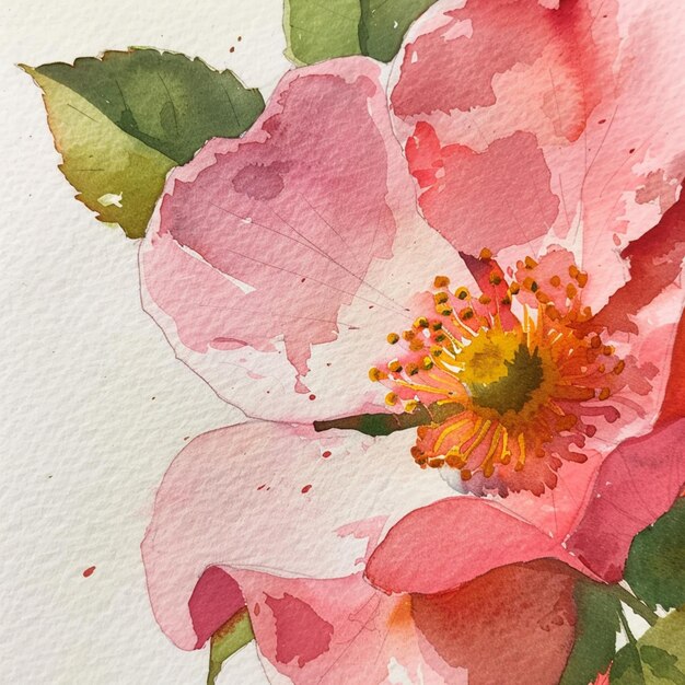 there is a painting of a pink flower with green leaves generative ai