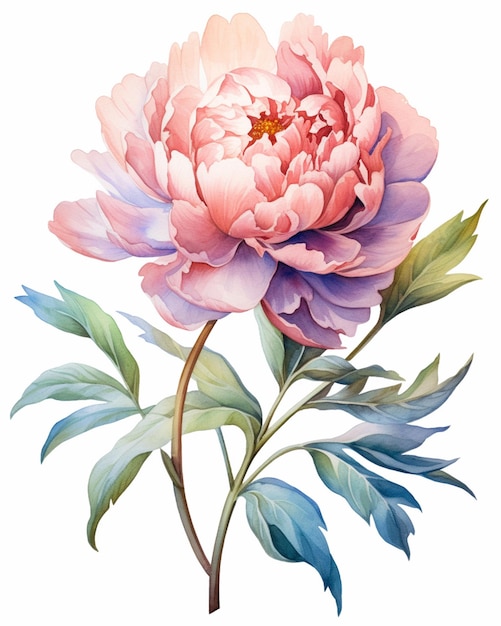 There is a painting of a pink flower with green leaves generative ai