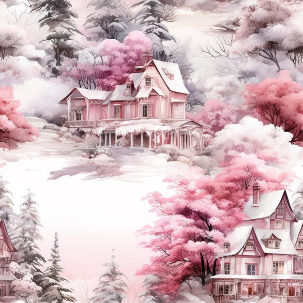 there is a painting of a pink house in the snow generative ai