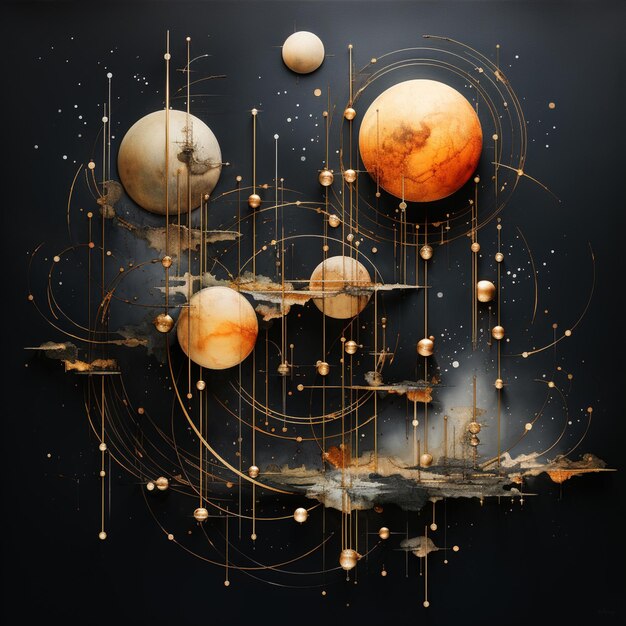 There is a painting of planets and planets in a dark room generative ai