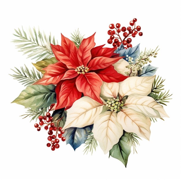 There is a painting of a poinsettia and holly berry arrangement generative ai