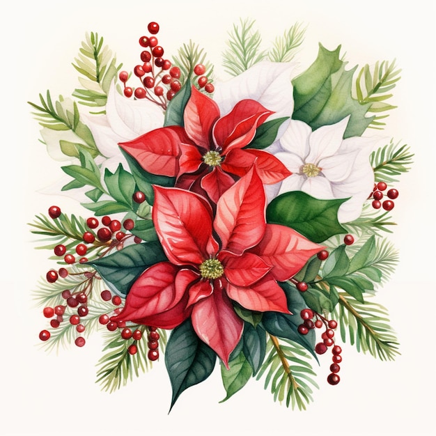 there is a painting of a poinsettia and holly leaves generative ai