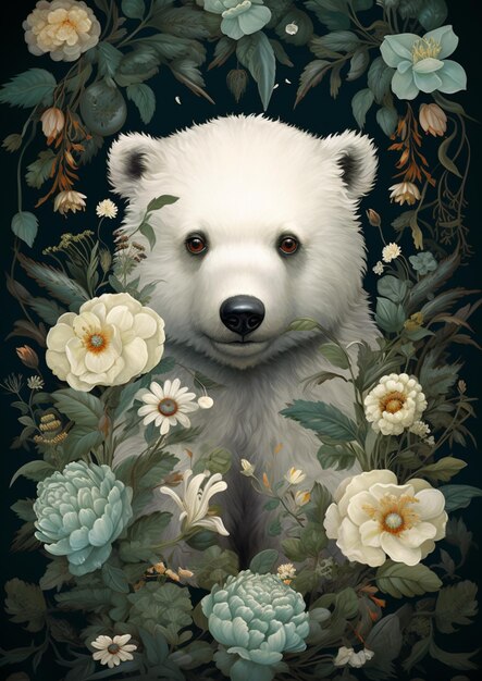 There is a painting of a polar bear surrounded by flowers generative ai