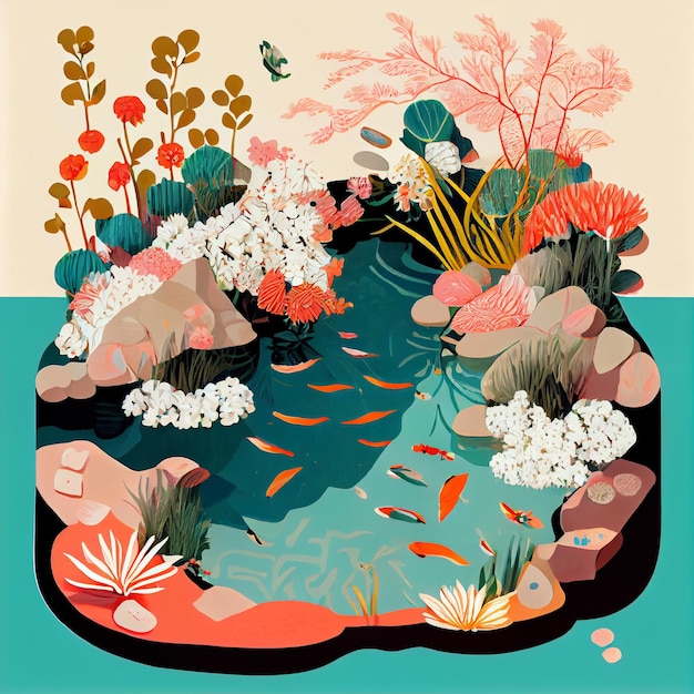 魚や植物が描かれた池の絵があります。生成 AI