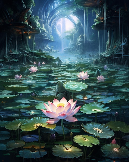 there is a painting of a pond with water lilies and a frog generative ai